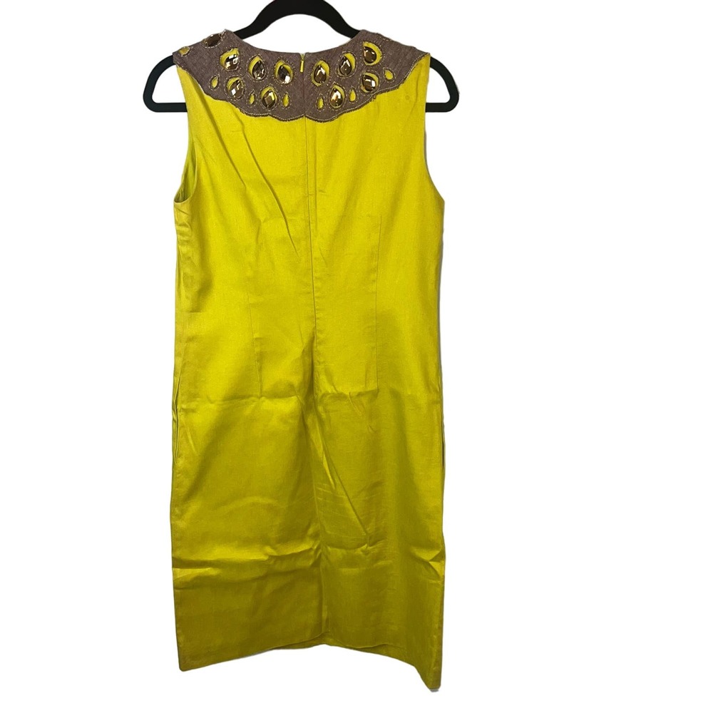 Tory Burch Chartruese Gold Green Linen Dress w Jewel Neckline Size 6 - Picture 2 of 15
